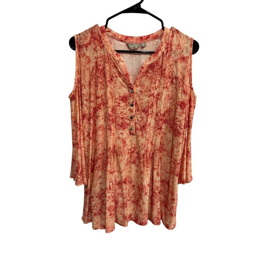 Coral Bay Red Beige Floral Print Cold Shoulder Pleated Top Size XL Boho